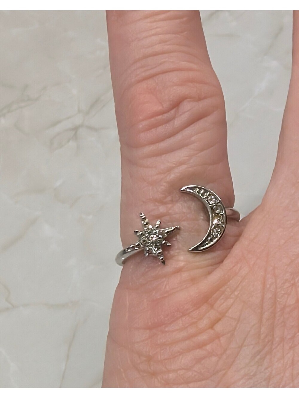 New Silver Tone North Star Crescent Moon Ring Size 7 Celestial Clear Rhinestones